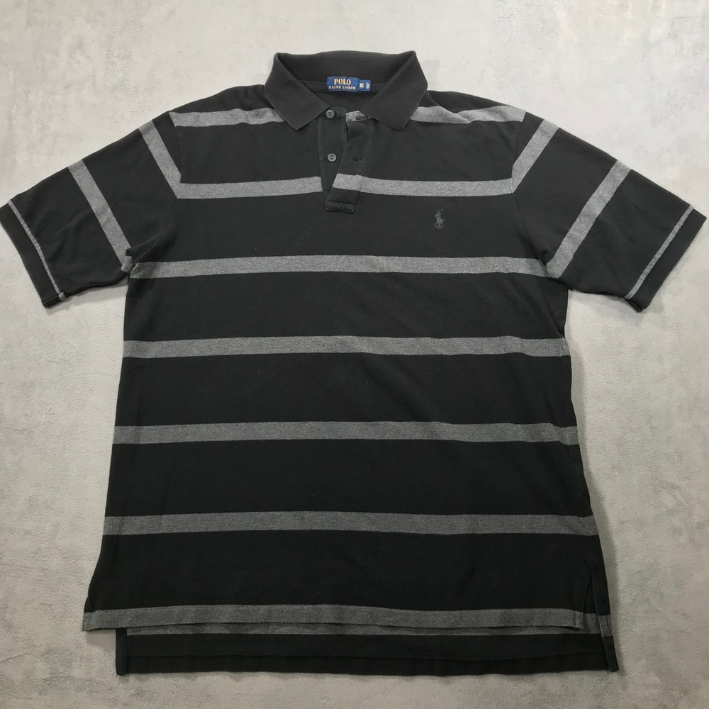 Polo Ralph Lauren Polo Shirt Mens XLT Black Grey Striped Cotton Pique Preppy